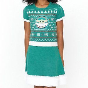 NWT Star Wars Disney Baby Yoda Green Christmas Dress With White Faux Fur Trim